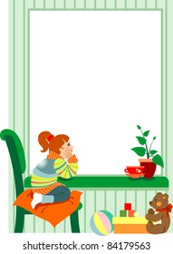 The little girl looks out the window