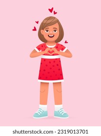 Little girl in love folded her palms in the shape of a heart. Beautiful white child in a red dress. Vector cartoon illustration on a pink background.
