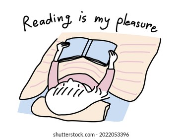 Little girl lying in bed and reading bedtime story. Cute girl reading book while lying in bed. Young girl lying under comforter and reading book at nighttime. Happy kid reading book in her bed.