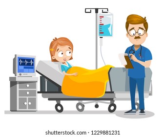 Little girl lying in intensive care unit. Doktor in blue uniform diagnoses young patient. Male physician examining child in hospital. Healthcare and treatment in modern clinic vector illustration