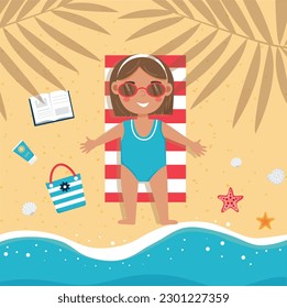 Little girl is lying on the beach and sunbathing on towel in the shade of palm trees on the beach. Cute little girl on vacation. Summer time, holiday. Vector illustration.