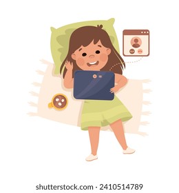 Little Girl Lying with Tablet PC Video Call Using Smart Technology Vector Illustration