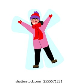 Little girl makes a snow angel. The child spends time at winter activities. Cartoon flat vector illustration