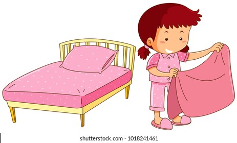 Little girl making bed illustration