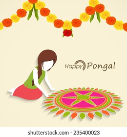 Little girl making floral design called rangoli with colorful flowers decoration for South Indian harvesting festival, Happy Pongal celebrations.