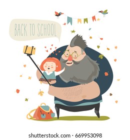Little girl making selfie with her father. Back to school