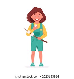 Little girl with marshmallow. Girl scout. Camping, summer kids camp concept. Vector illustration