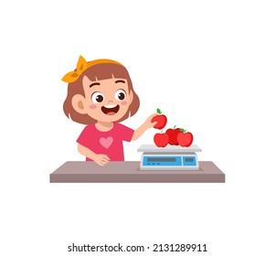 little girl measure weight of fruit using weighing scale