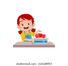 little girl measure weight of fruit using weighing scale