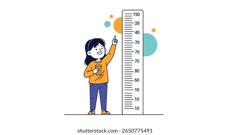 Little girl measuring her growth with a height chart for kids in a fun way