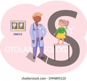 Little girl medical examination in office of otolaryngologist. Doctor takes care of patients works in hospital. Professional medic specializes in diagnosis, treatment of pathologies of throat and nose