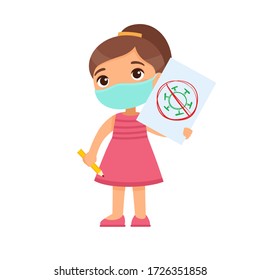 Little girl with medical mask holding paper sheet with virus image. Cute schoolkid with image and pencil in hands isolated on white background. Virus protection consept. 