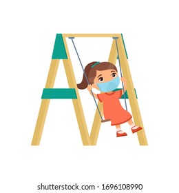 Little girl with medical mask on their faces swing on a swing. Virus or allergy protection. Flat characters. Vector illustration on a white background.