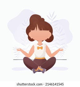 Little girl is meditating. Cute yoga, mindfulness and relaxation. Vector illustration in cartoon style.