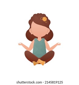 Little girl is meditating. Isolated on white background. Vector illustration in cartoon style.