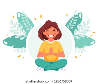 Little girl meditating in lotus pose. Gymnastic, meditation for children. Vector illustration