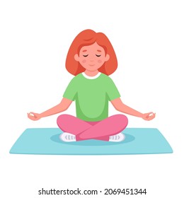 Little girl meditating in lotus pose on yoga mat. Gymnastic, meditation for children. Vector illustration