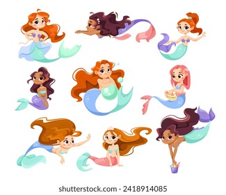 Little Girl Mermaid with Fish Tail and Wavy Hair Vector Set