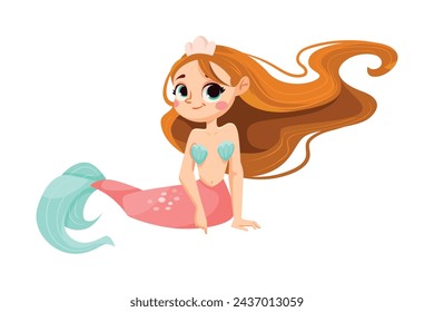 Little Girl Mermaid with Fish Tail and Wavy Hair Vector Illustration