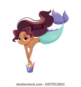 Little Girl Mermaid with Fish Tail and Wavy Hair Vector Illustration