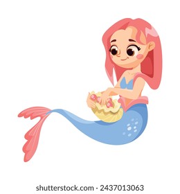 Little Girl Mermaid with Fish Tail and Wavy Hair Vector Illustration