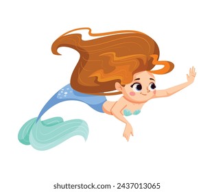 Little Girl Mermaid with Fish Tail and Wavy Hair Vector Illustration