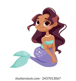 Little Girl Mermaid with Fish Tail and Wavy Hair Vector Illustration