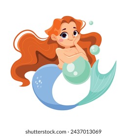 Pequeña sirena con cola de pez y pelo ondulado ilustración vectorial