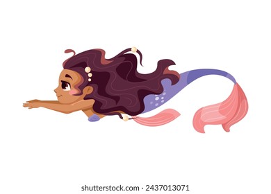 Little Girl Mermaid with Fish Tail and Wavy Hair Vector Illustration