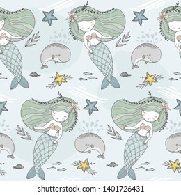 Little girl mermaid underwater with whale and fishes and starfish. Marine card template and seamless background pattern. Cartoon ocean background. Hand drawn surface design vector illustration.