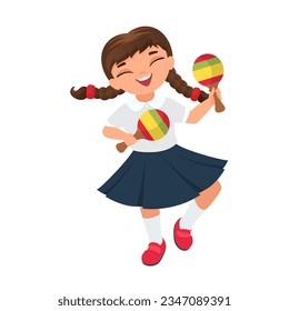 Little girl with mexican maracas. Traditional mexican music vector cartoon illustration