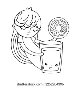 little girl with milk and donut kawaii character
