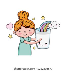 little girl with milk and rainbow kawaii character