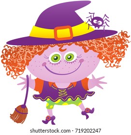 Little girl in mischievous mood, with green eyes and messy red hair while wearing a witch costume. The witch costume has big purple hat, a spider on it, a broom, shoes and funny dress and panties.