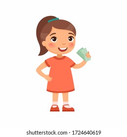 Niña pequeña con dinero en ilustración vectorial plana de mano. Niño rico y feliz sosteniendo billetes como personaje de caricatura. Ahorro de ingresos, beneficios, ingresos. Niño rico con dinero. Concepto de dinero de bolsillo