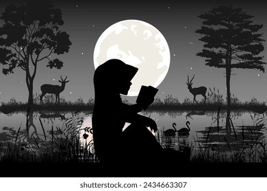 little girl and moon silhouette landscape