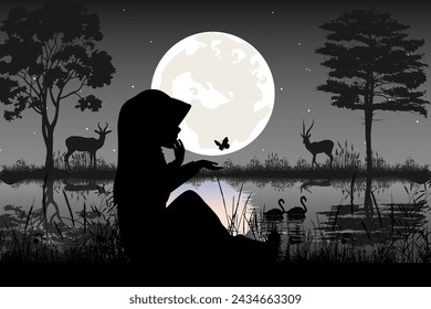 little girl and moon silhouette landscape