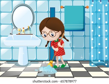 Little girl mopping wet floor in bathroom illustration