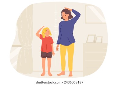 Little girl and mother measure own height standing near wall with marks in apartment. Happy child teenager is proud that continues to grow, and wants to surpass mother or older sister