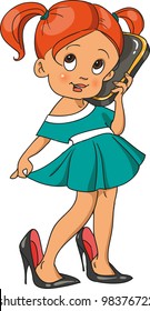 a little girl in mother shoes talks by phone