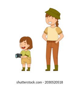 Little Girl with Mother as Traveler on Safari Tour Watching Animal with Camera Taking Photo Vector Illustration