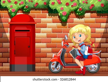 Little girl and motorcycle on sidewalk illustration