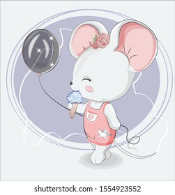 Little girl mouse with balloon and ice cream in jeans with unicorn sticker. Picture in hand drawing style  