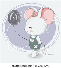 Little girl mouse with balloon in jeans with unicorn sticker. Picture in hand drawing style, for t-shirt wear fashion print design, greeting card, baby shower. party invitation. 