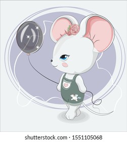 Little girl mouse with balloon in jeans with unicorn sticker. Picture in hand drawing style, for t-shirt wear fashion print design, greeting card, baby shower. party invitation. 