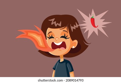 Little Girl with Mouth in Flames After Eating Chili Spicy Food Vector Cartoon. Child having a piquant taste in their mouth from a red paprika spice
