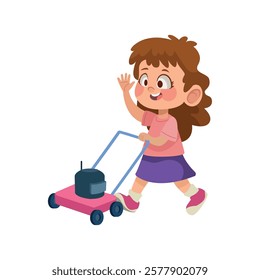 Little girl mowing lawn with a toy mower