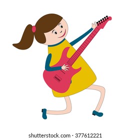 Little girl from music band is playing on electric guitar in kindergarten or in children play area