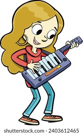 little girl musician plays a synthesizer