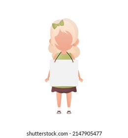 A little girl with a musty poster and a place for your text. Design in cartoon style. Vector.